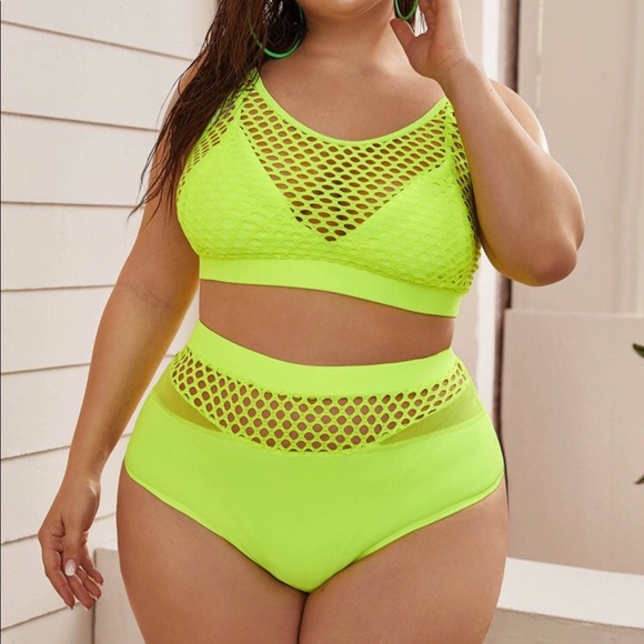 SHEIN Neon Green Fishnet High Waisted Swimsuit - Picture 6 of 9